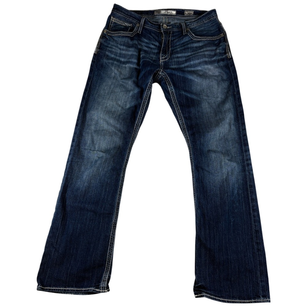 Buckle BKE Derek Jeans Mens 34 Large Blue‎ Denim Cotton Relaxed Fit Whiskered